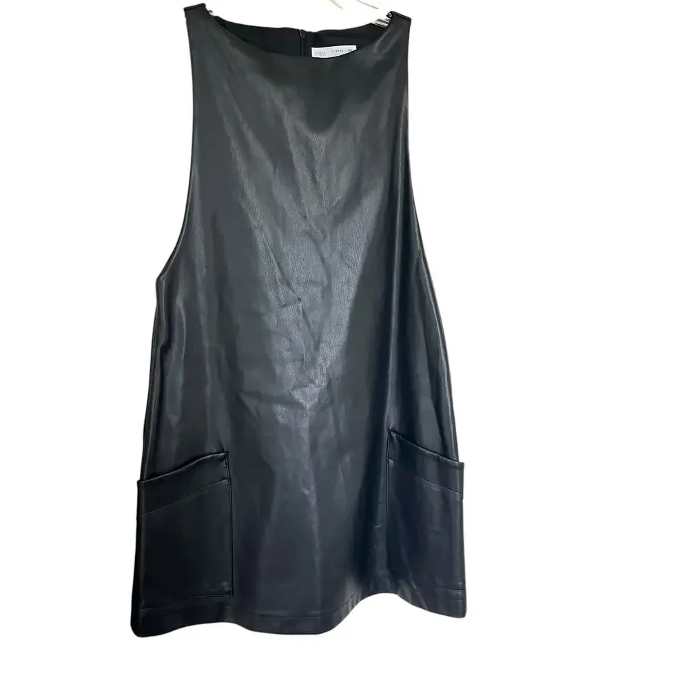 Zara Girls Black Faux Leather Pinafore Dress 13-14 Zipper Pocket Lined